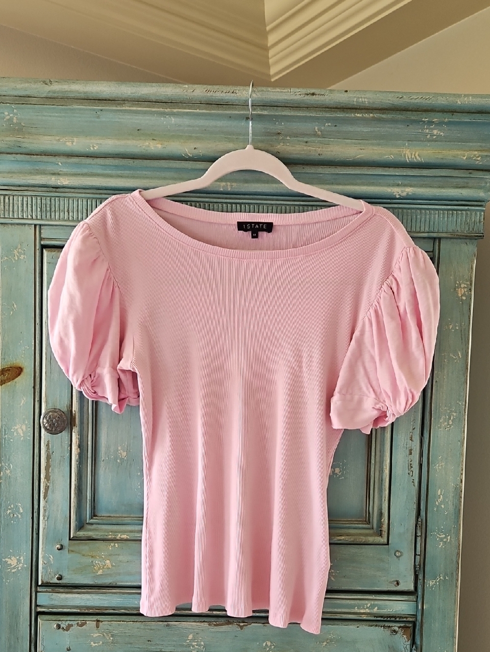 1. State Light Pink Ribbed Puff Sleeve Top
